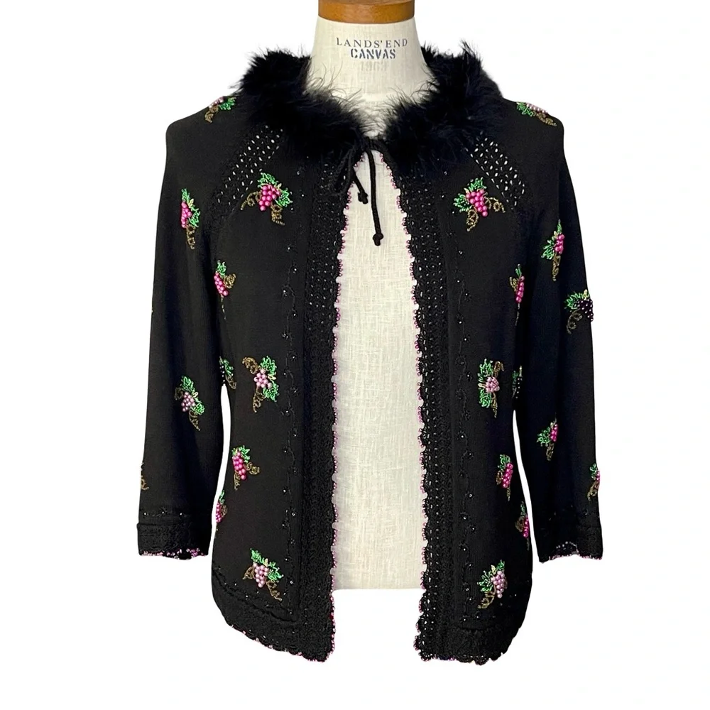 Just Be Black Beaded Faux Fur Collar Open Cardigan Sz S-M Tassel Tie Closure